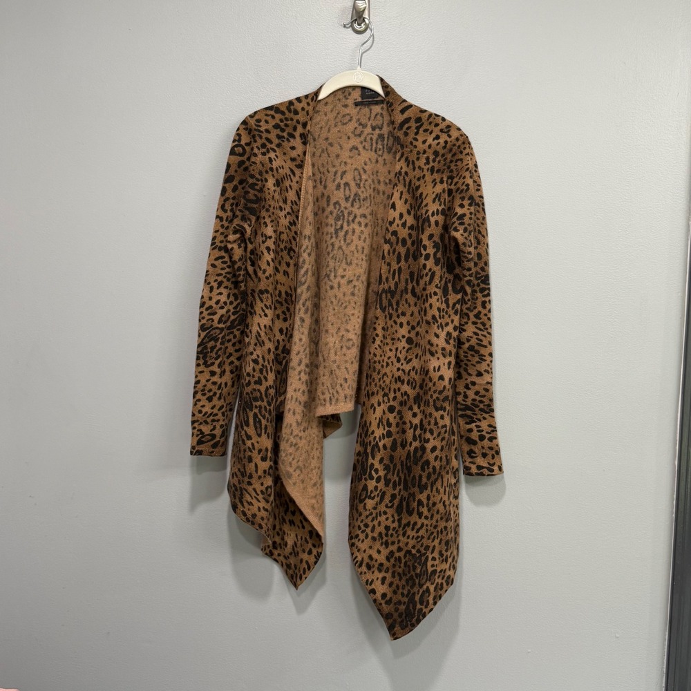 Saks Fifth Avenue 100% Cashmere Leopard Print Waterfall Cardigan Medium Brown